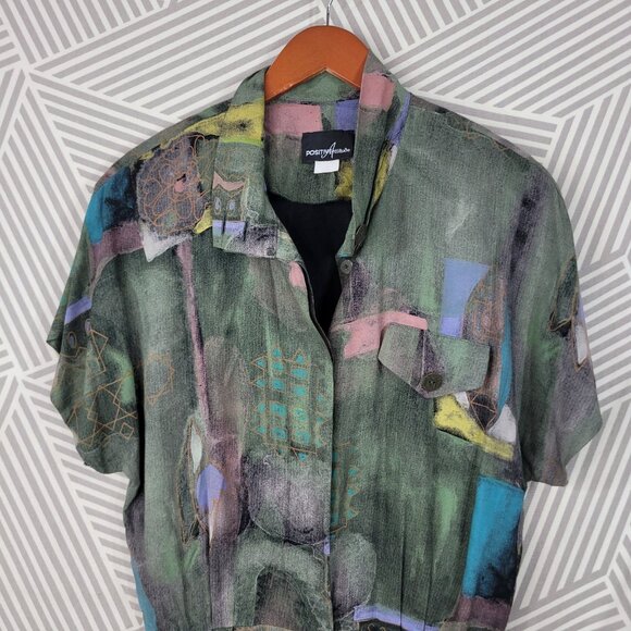 Vintage 90s Shirt Dress Size 14 16 XL Art to Wear Midi Long Green Button Front - Picture 3 of 9